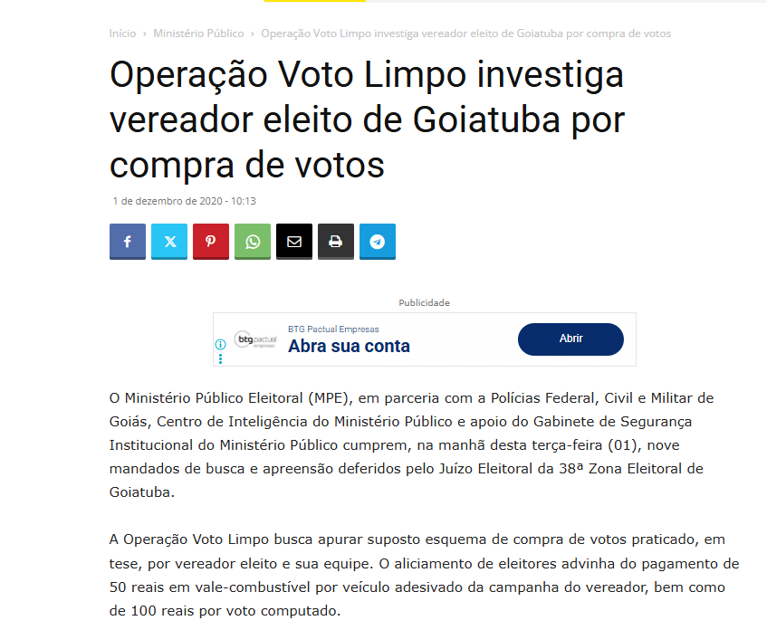 Operação Voto Limpo — vereador eleito de Goiatuba